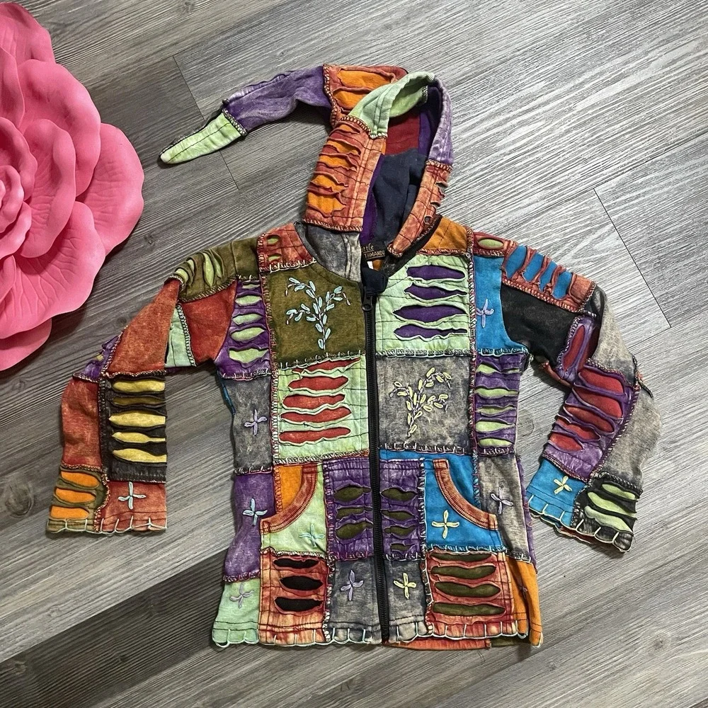 VTG LITTLE KATHMANDU Avant Garde Kids Sz 4 Zip Hoodie Patchwork Embroidered Boho